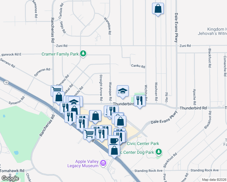 map of restaurants, bars, coffee shops, grocery stores, and more near 15415 Wanaque Road in Apple Valley