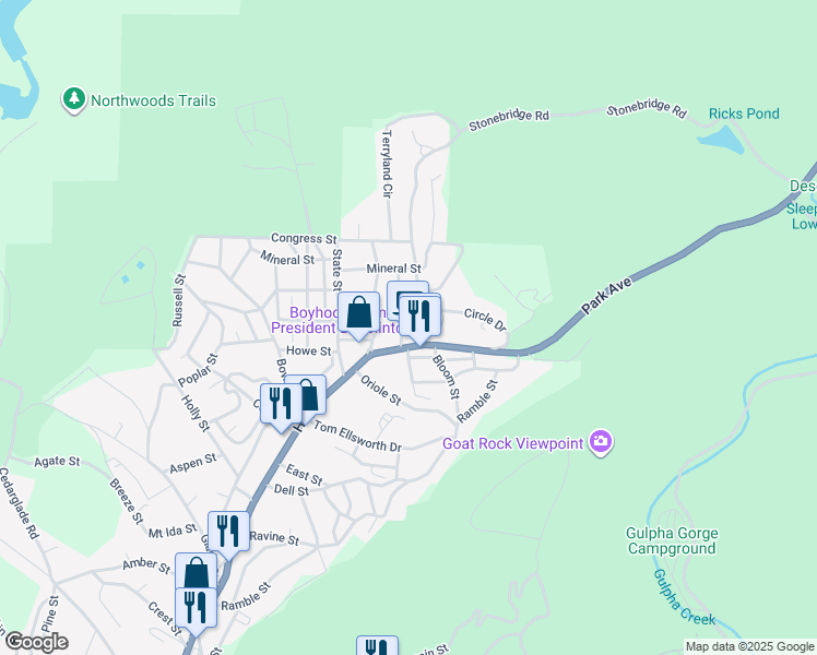 map of restaurants, bars, coffee shops, grocery stores, and more near 300 Mountain Valley Street in Hot Springs