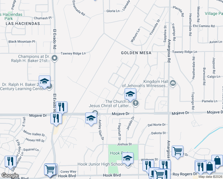 map of restaurants, bars, coffee shops, grocery stores, and more near 14904 Ocotillo Street in Victorville