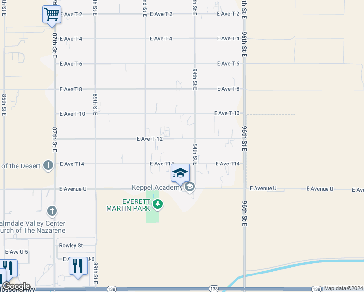 map of restaurants, bars, coffee shops, grocery stores, and more near 9330 East Avenue T-12 in Littlerock