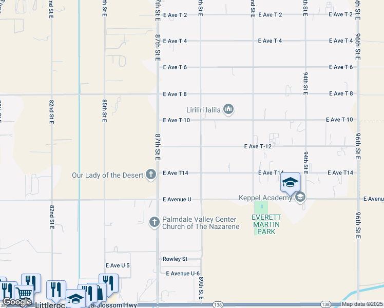 map of restaurants, bars, coffee shops, grocery stores, and more near 8828 East Avenue T 12 in Littlerock