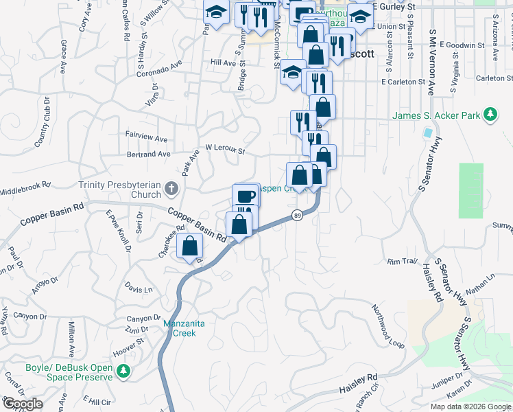 map of restaurants, bars, coffee shops, grocery stores, and more near 412 White Spar Road in Prescott