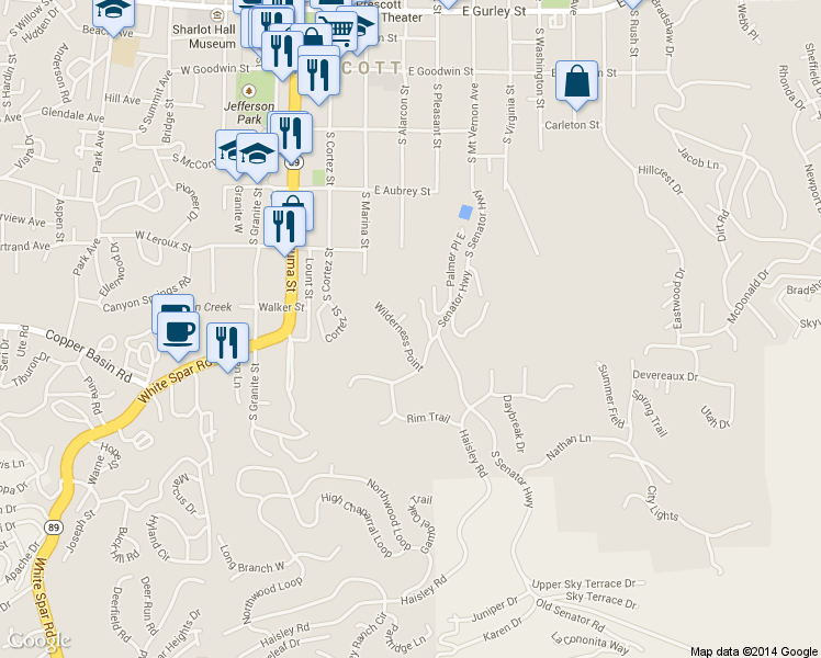 map of restaurants, bars, coffee shops, grocery stores, and more near 659 Wilderness Point in Prescott