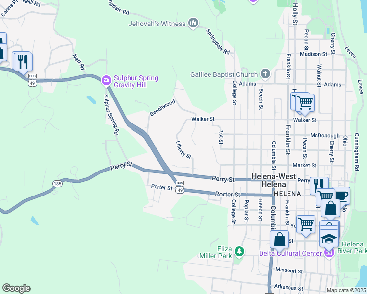 map of restaurants, bars, coffee shops, grocery stores, and more near 123 South Summit in Helena-West Helena