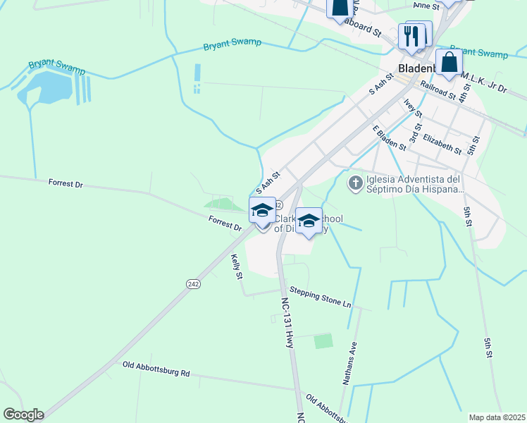 map of restaurants, bars, coffee shops, grocery stores, and more near Black Street in Bladenboro