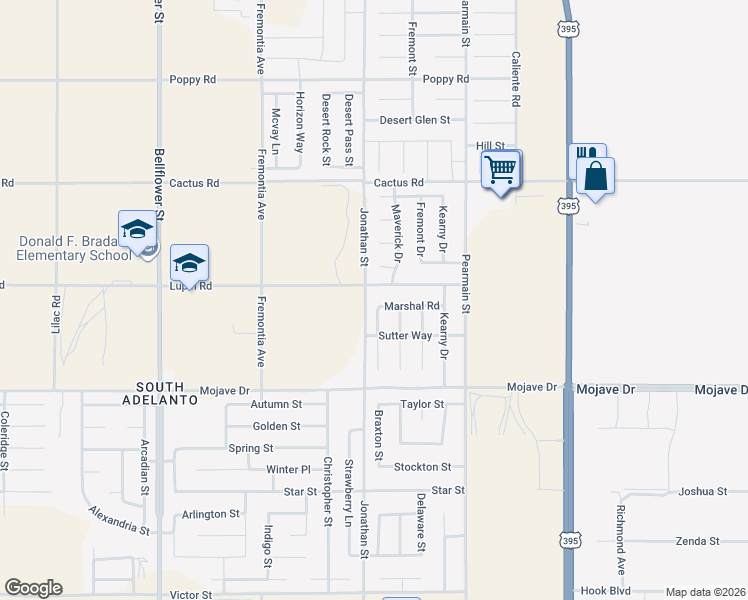 map of restaurants, bars, coffee shops, grocery stores, and more near 15466 Ross Drive in Adelanto