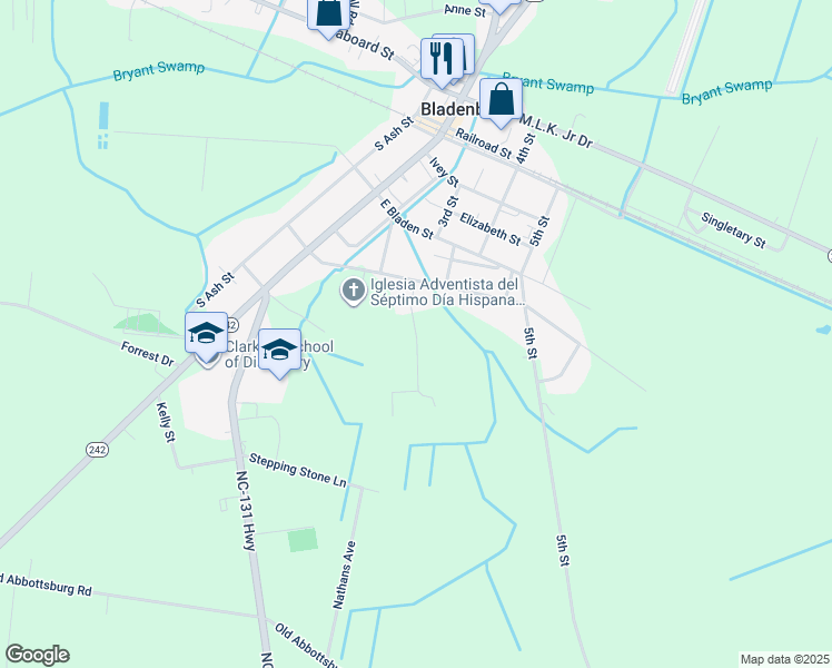 map of restaurants, bars, coffee shops, grocery stores, and more near Lee Street in Bladenboro