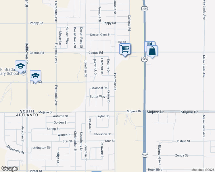 map of restaurants, bars, coffee shops, grocery stores, and more near 11840 Marshal Road in Adelanto