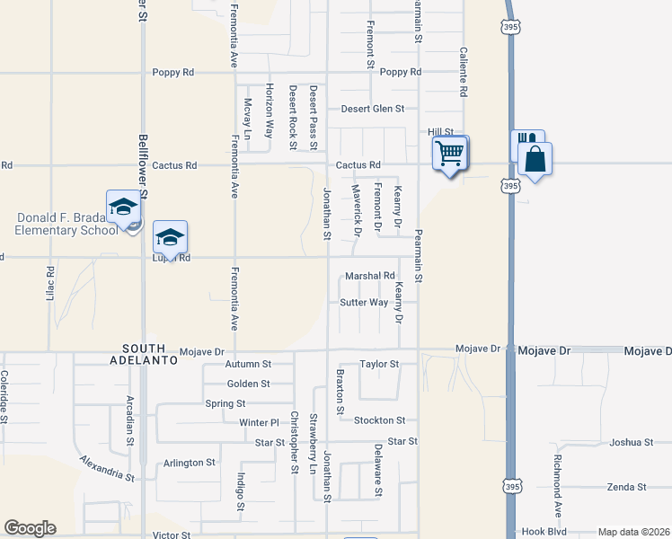 map of restaurants, bars, coffee shops, grocery stores, and more near 15466 Ross Drive in Adelanto