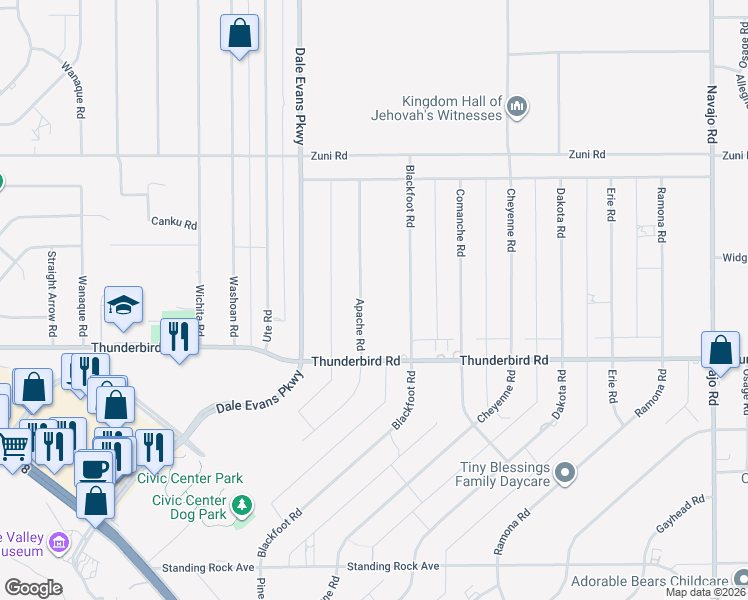 map of restaurants, bars, coffee shops, grocery stores, and more near 15421 Apache Rd in Apple Valley