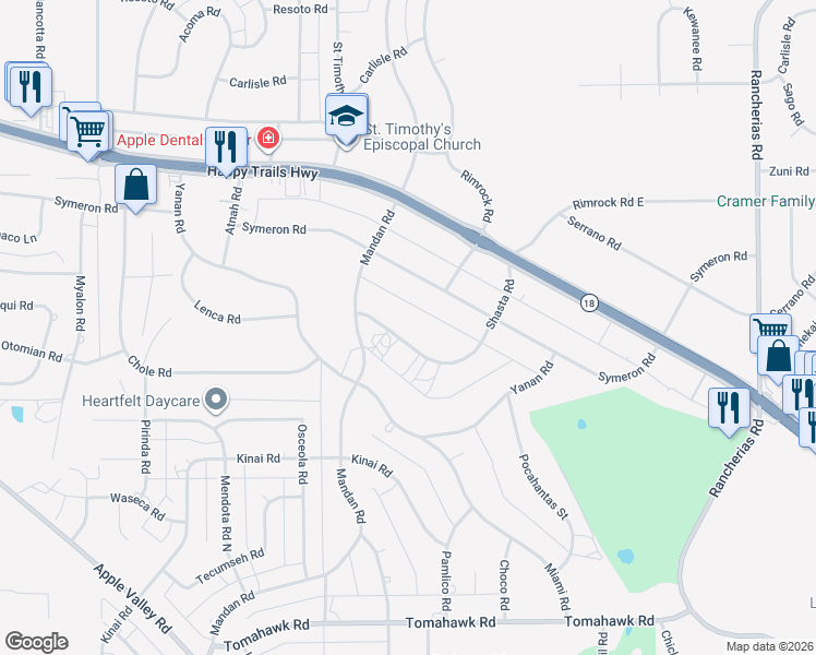 map of restaurants, bars, coffee shops, grocery stores, and more near 19448 Shasta Road in Apple Valley