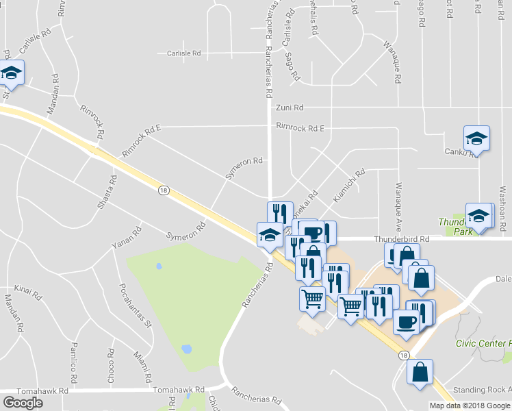 map of restaurants, bars, coffee shops, grocery stores, and more near 20071 Serrano Road in Apple Valley