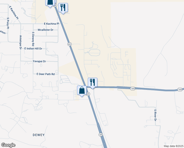 map of restaurants, bars, coffee shops, grocery stores, and more near 725 South Dunivin Lane in Prescott Valley