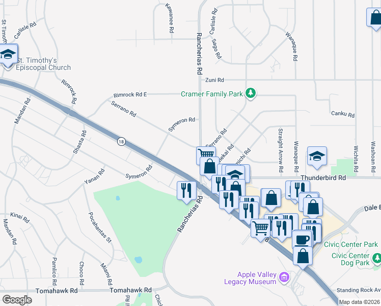 map of restaurants, bars, coffee shops, grocery stores, and more near 20071 Serrano Road in Apple Valley
