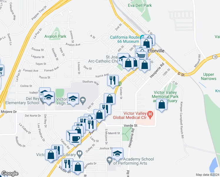map of restaurants, bars, coffee shops, grocery stores, and more near 15370 Seventh Street in Victorville