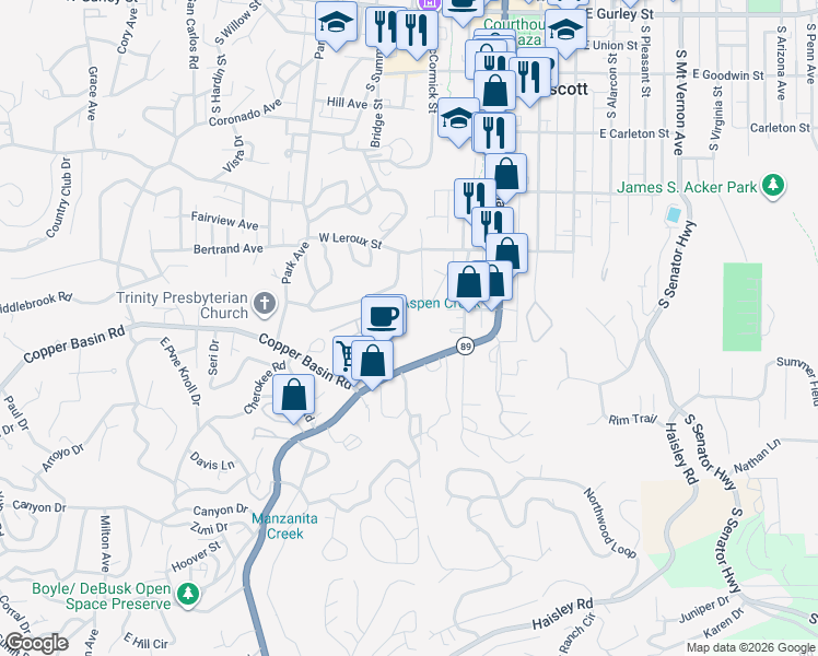 map of restaurants, bars, coffee shops, grocery stores, and more near 412 White Spar Road in Prescott