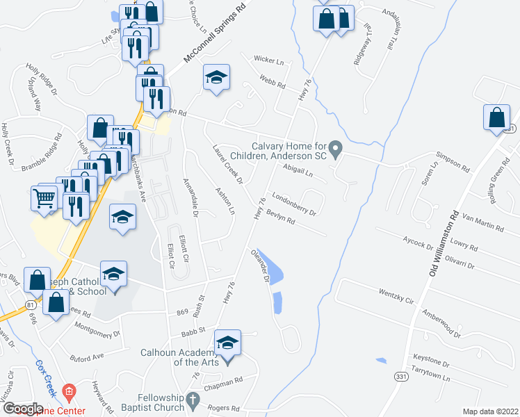 map of restaurants, bars, coffee shops, grocery stores, and more near Highway 76 in Anderson