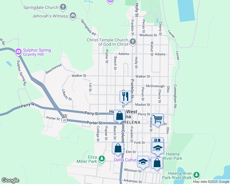 map of restaurants, bars, coffee shops, grocery stores, and more near 929 Beech Street in Helena-West Helena