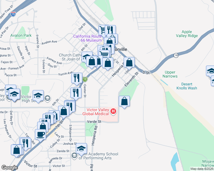 map of restaurants, bars, coffee shops, grocery stores, and more near 15453 Hesperia Rd in Victorville