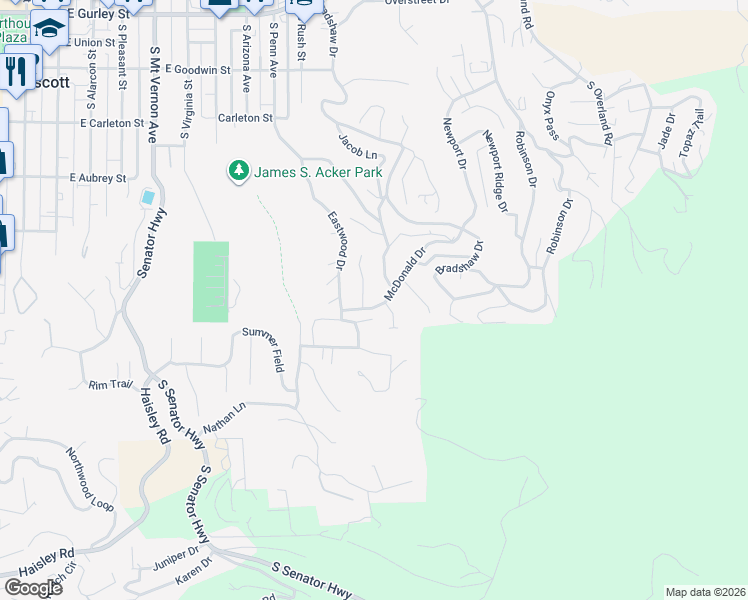 map of restaurants, bars, coffee shops, grocery stores, and more near 1102 McDonald Drive in Prescott