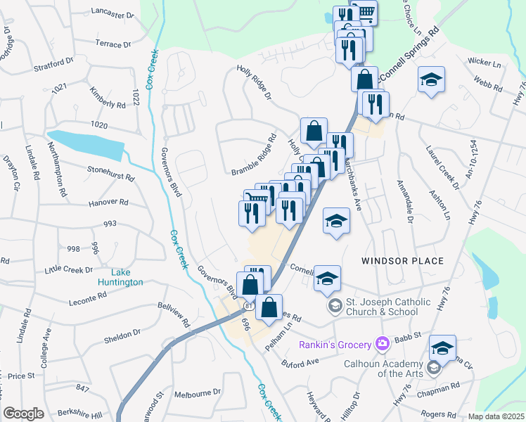 map of restaurants, bars, coffee shops, grocery stores, and more near 50 Braeburn Drive in Anderson