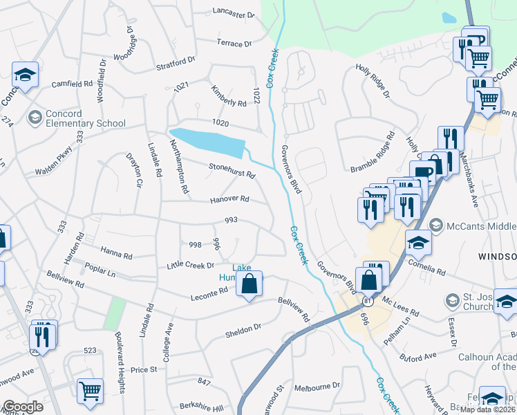 map of restaurants, bars, coffee shops, grocery stores, and more near 1904 Millgate Road in Anderson