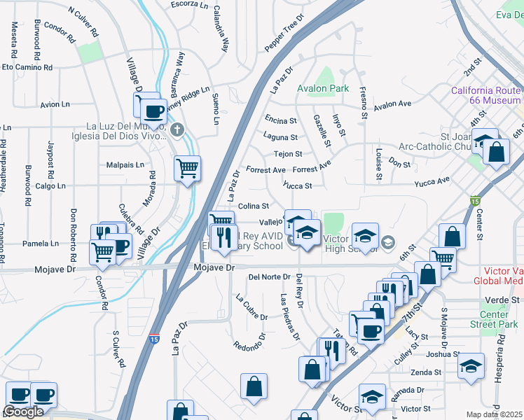 map of restaurants, bars, coffee shops, grocery stores, and more near 16193 Colina Street in Victorville