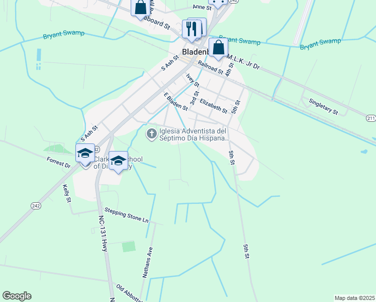 map of restaurants, bars, coffee shops, grocery stores, and more near 88 Lee Street in Bladenboro