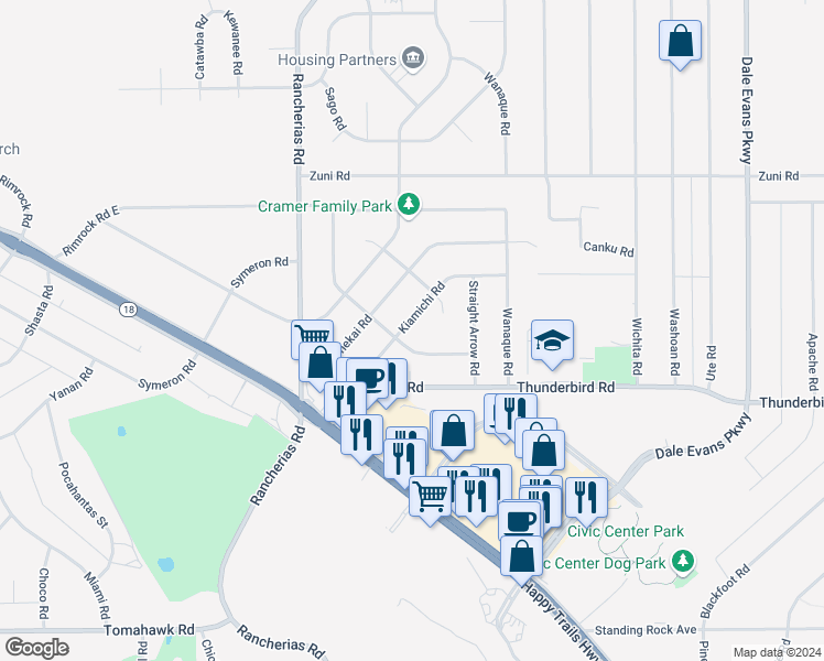 map of restaurants, bars, coffee shops, grocery stores, and more near 15404 Broken Bow Road in Apple Valley