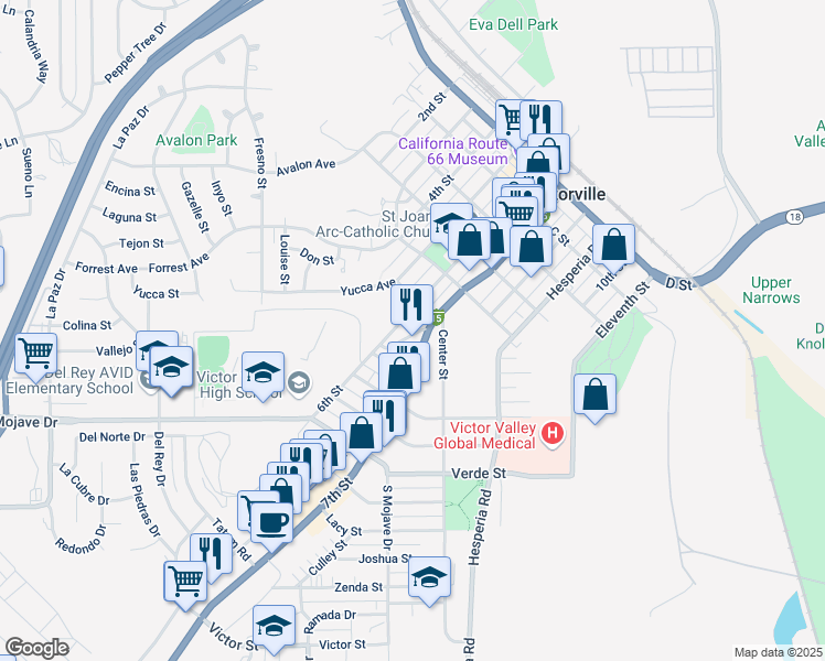 map of restaurants, bars, coffee shops, grocery stores, and more near 15370 Seventh Street in Victorville