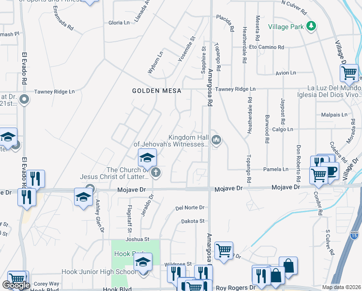 map of restaurants, bars, coffee shops, grocery stores, and more near 15472 Mesquite Avenue in Victorville