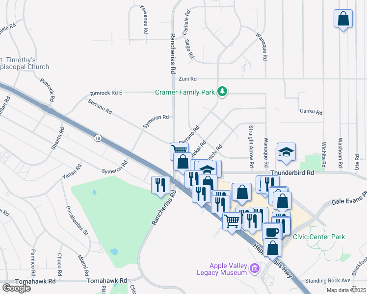 map of restaurants, bars, coffee shops, grocery stores, and more near 20135 Serrano Road in Apple Valley