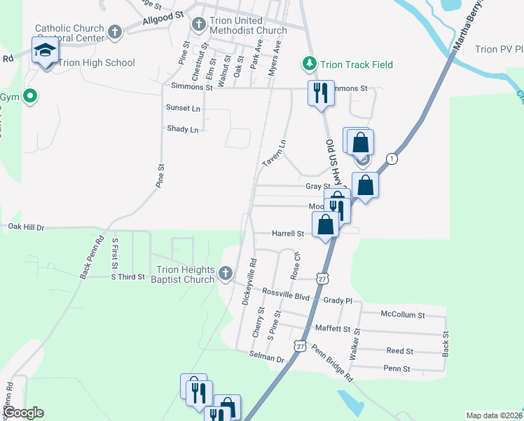 map of restaurants, bars, coffee shops, grocery stores, and more near 265 Moore Street in Trion