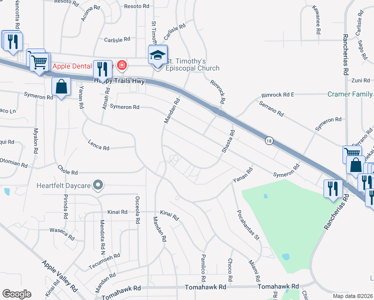 map of restaurants, bars, coffee shops, grocery stores, and more near 19448 Shasta Road in Apple Valley