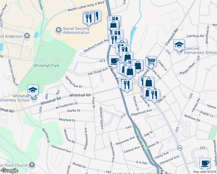 map of restaurants, bars, coffee shops, grocery stores, and more near 211 Whitehall Road in Anderson