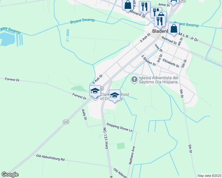 map of restaurants, bars, coffee shops, grocery stores, and more near 114 Whiteville Road in Bladenboro