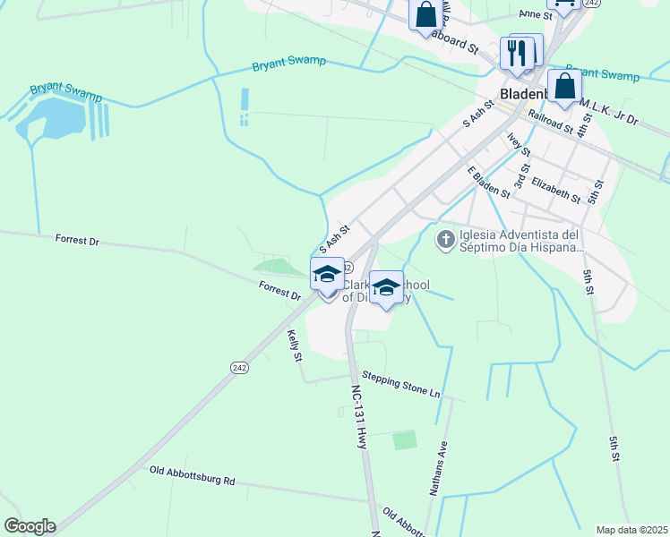 map of restaurants, bars, coffee shops, grocery stores, and more near 829 South Main Street in Bladenboro