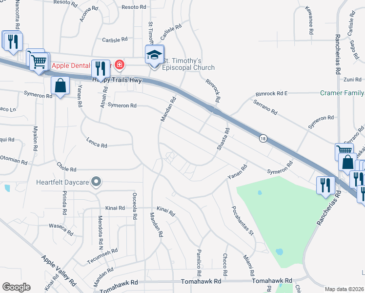 map of restaurants, bars, coffee shops, grocery stores, and more near 19448 Shasta Road in Apple Valley