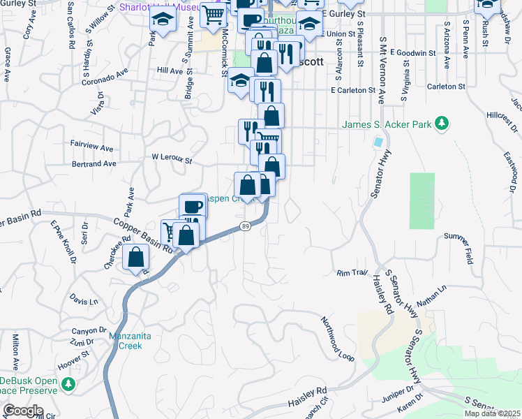 map of restaurants, bars, coffee shops, grocery stores, and more near 621 South Montezuma Street in Prescott