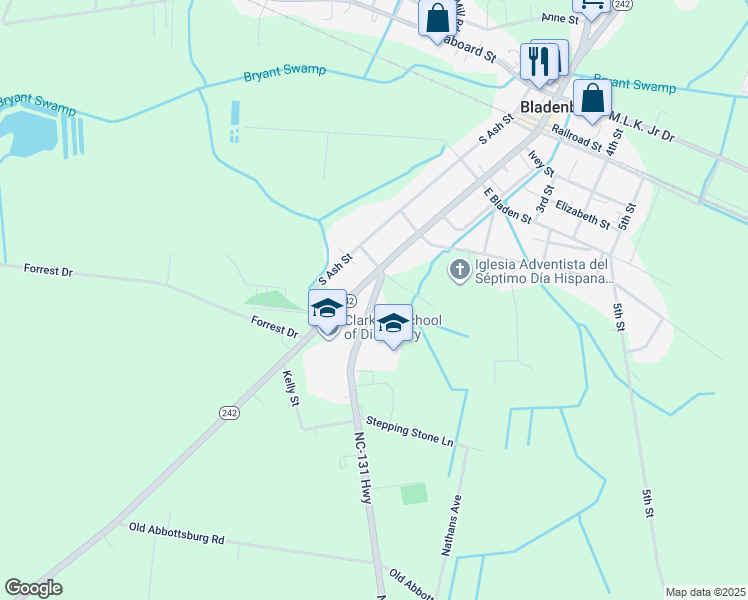 map of restaurants, bars, coffee shops, grocery stores, and more near 114 Whiteville Road in Bladenboro