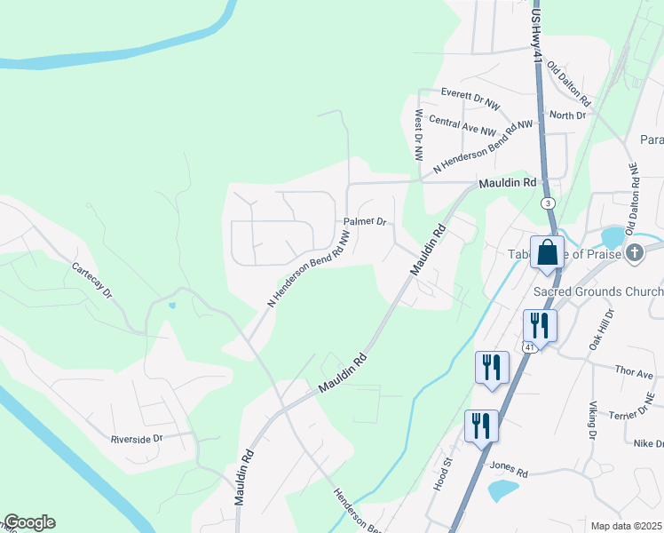 map of restaurants, bars, coffee shops, grocery stores, and more near 518 North Henderson Bend Road Northwest in Calhoun