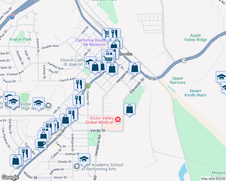 map of restaurants, bars, coffee shops, grocery stores, and more near 15453 Hesperia Road in Victorville