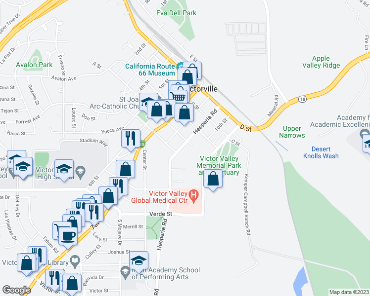map of restaurants, bars, coffee shops, grocery stores, and more near 15469 Hesperia Road in Victorville