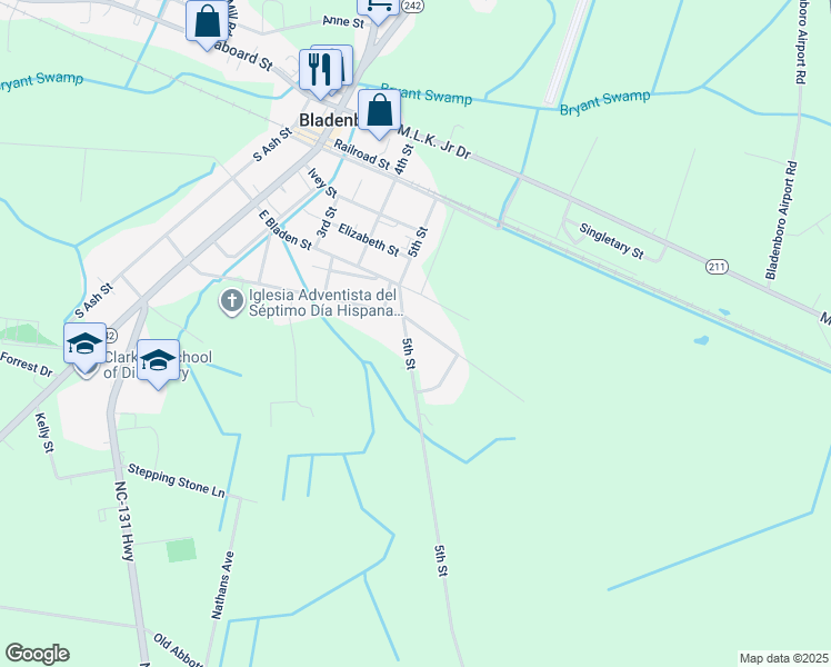 map of restaurants, bars, coffee shops, grocery stores, and more near 501 East Poplar Street in Bladenboro