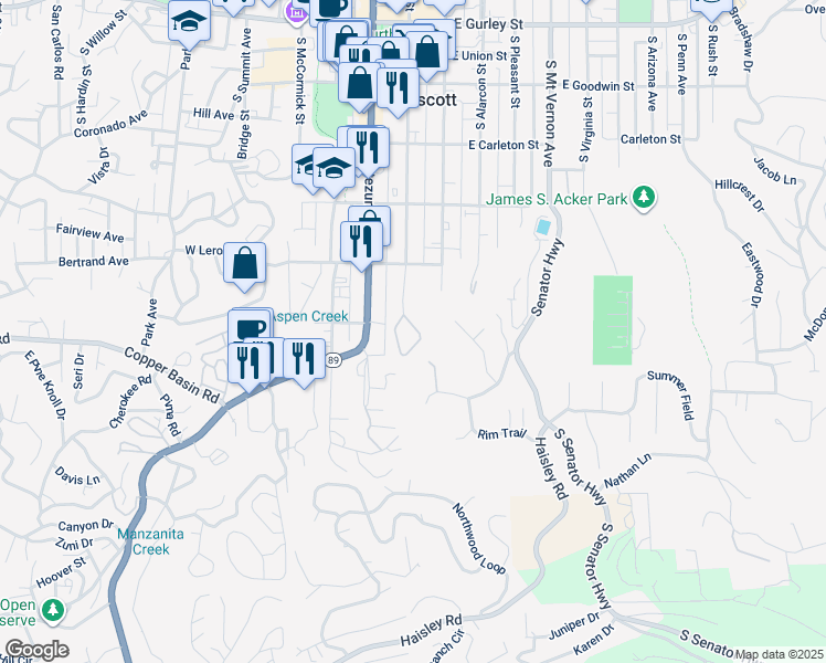 map of restaurants, bars, coffee shops, grocery stores, and more near 501-503 Cortez St in Prescott