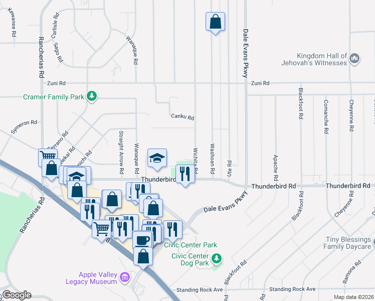 map of restaurants, bars, coffee shops, grocery stores, and more near 20700 Wichita Road in Apple Valley