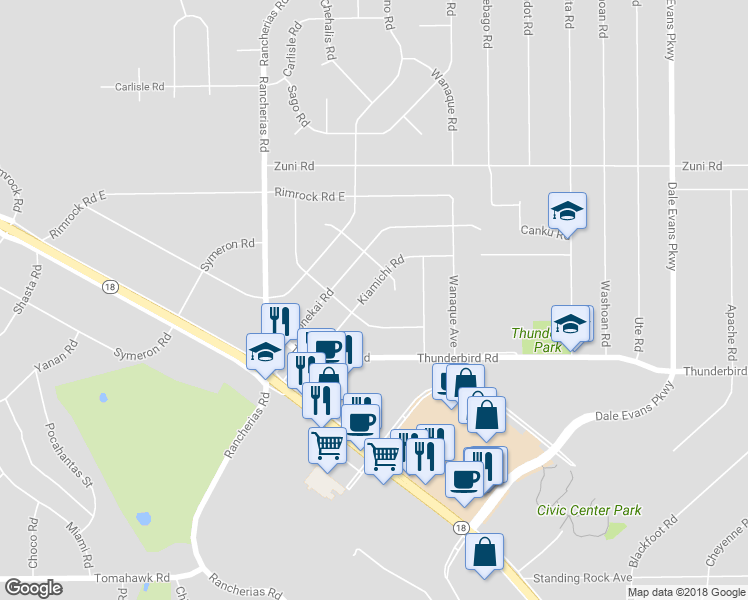 map of restaurants, bars, coffee shops, grocery stores, and more near 15331 Broken Bow Road in Apple Valley