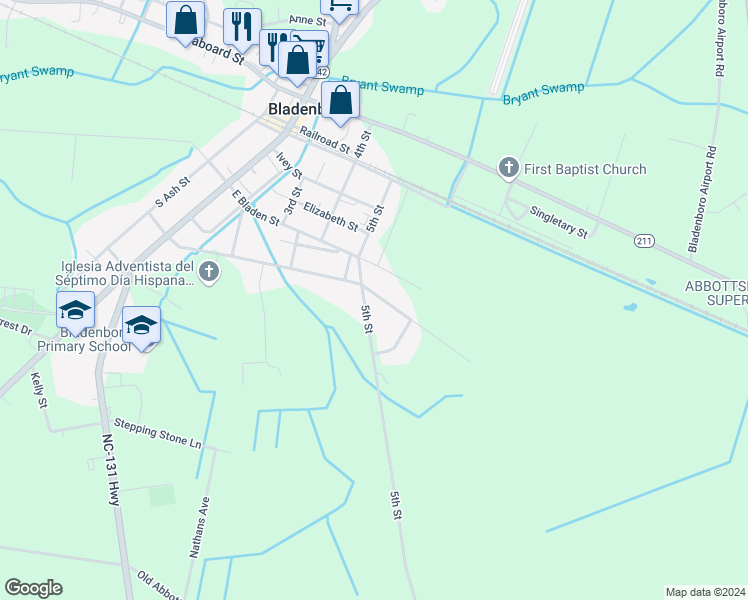 map of restaurants, bars, coffee shops, grocery stores, and more near 501 East Poplar Street in Bladenboro