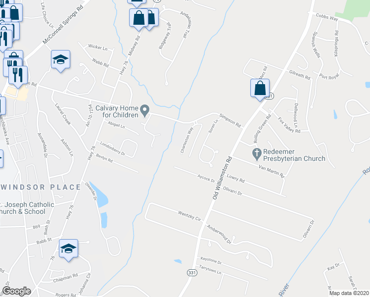 map of restaurants, bars, coffee shops, grocery stores, and more near 113 Charlestowne Way in Anderson