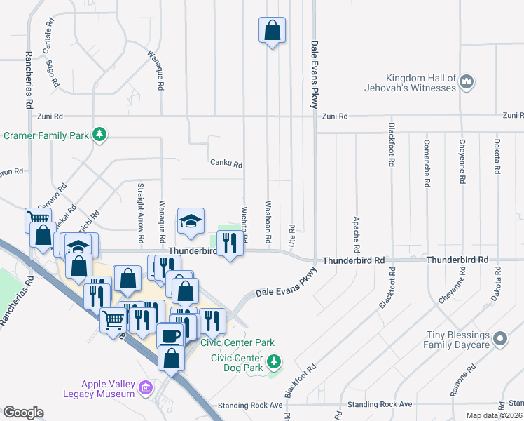 map of restaurants, bars, coffee shops, grocery stores, and more near 15440 Washoan Road in Apple Valley